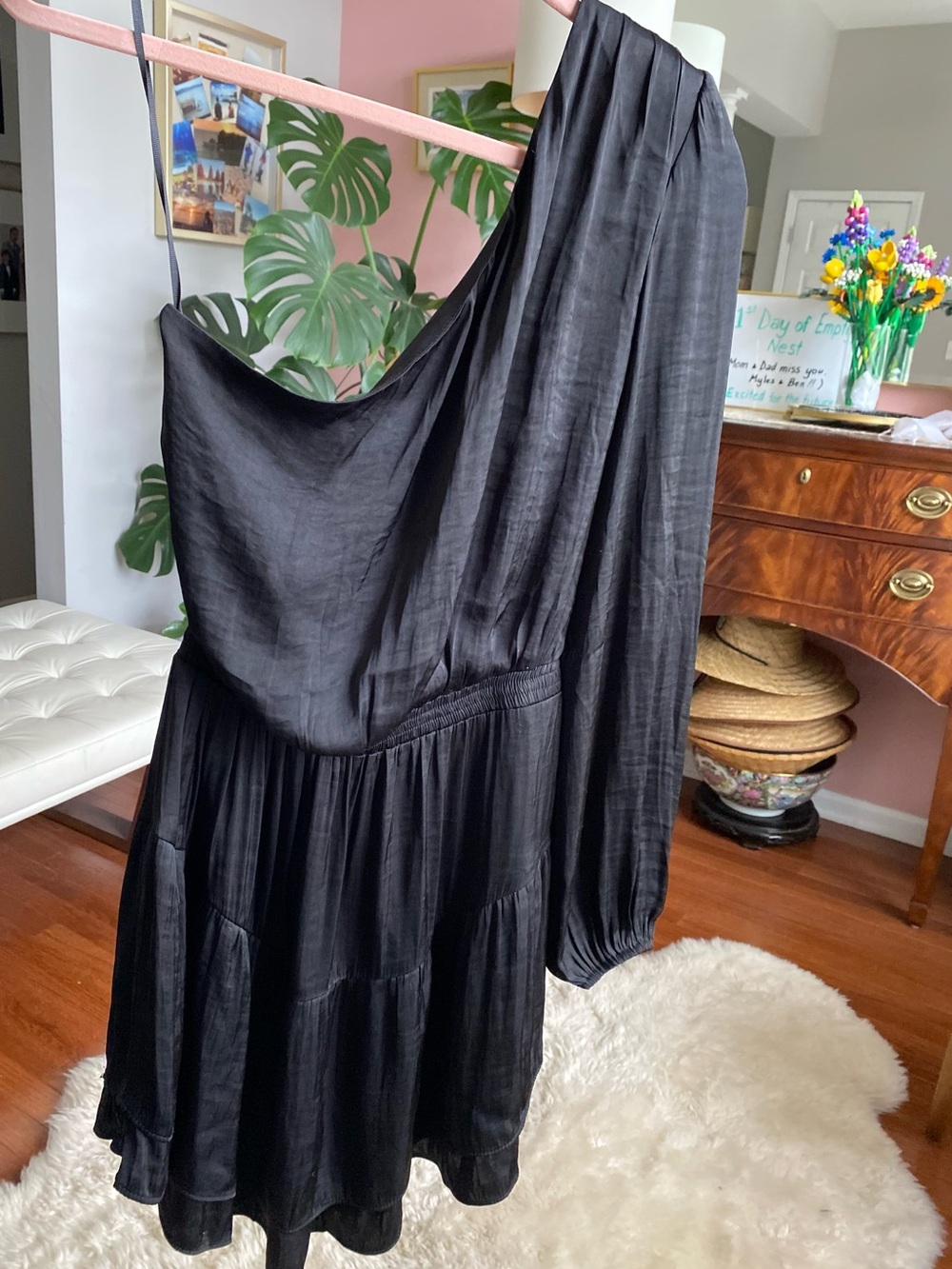 Steve Madden Black One-Shoulder Tiered Slip Dress